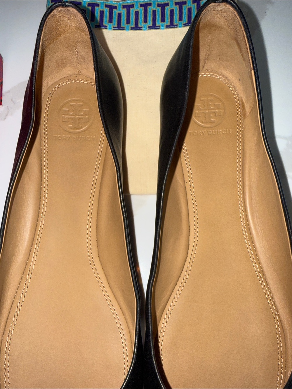 Tory Burch Black Patent Leather Flats with Gold Logo Medallions - Picture 5 of 7